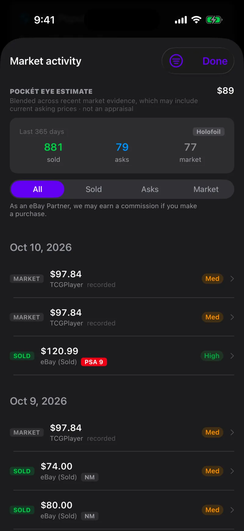 Market activity for a card: the estimate, and the individual sales behind it